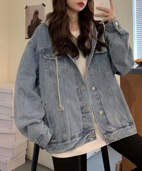 Miniministore(ミニミニストア)の「韓国デニムジャケット フード付き 大きい(デニムジャケット・レディース・サックスブルー/ブラック・FREE)」の5枚目の写真
