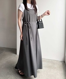 リネンライクウエストリボンフレアキャミワンピース
