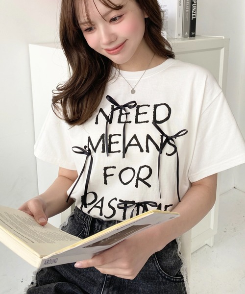 LOULOU select(ルルセレクト)の「リボン付きロゴプリント半袖Tシャツ(Tシャツ/カットソー・レディース・ブラック/オフホワイト・M/L)」の6枚目の写真