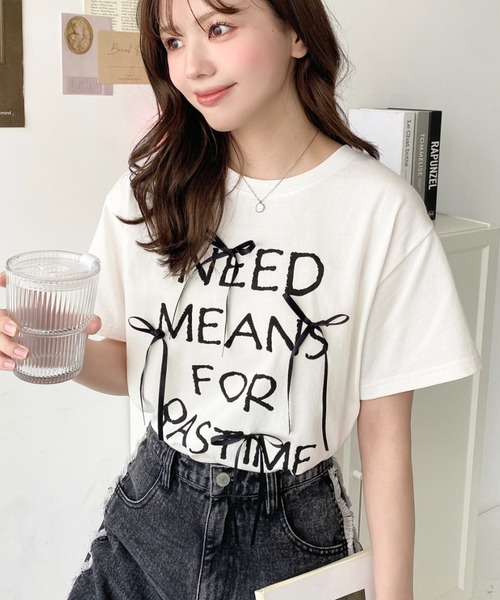LOULOU select(ルルセレクト)の「リボン付きロゴプリント半袖Tシャツ(Tシャツ/カットソー・レディース・ブラック/オフホワイト・M/L)」の3枚目の写真