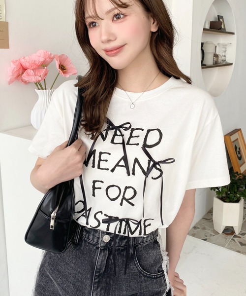 LOULOU select(ルルセレクト)の「リボン付きロゴプリント半袖Tシャツ(Tシャツ/カットソー・レディース・ブラック/オフホワイト・M/L)」の4枚目の写真