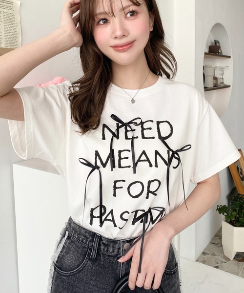 LOULOU select(ルルセレクト)の「リボン付きロゴプリント半袖Tシャツ(Tシャツ/カットソー・レディース・ブラック/オフホワイト・M/L)」の5枚目の写真