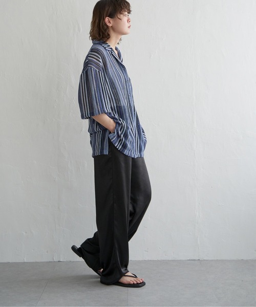 Tシャツ 半袖 ステッチ フリル レース ストライプ セール】ストライプレース半袖シャツ（シャツ/ブラウス）｜notch