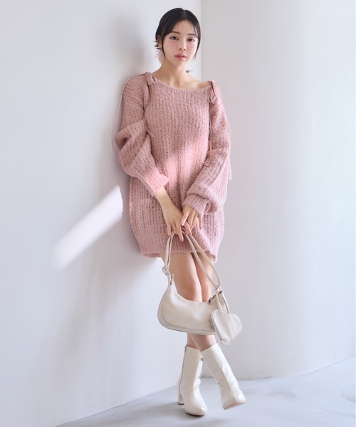 ♡大人気♡ ナイスクラップ　肩リボンニットチュニック Heart collection】肩リボンニットチュニック | one after