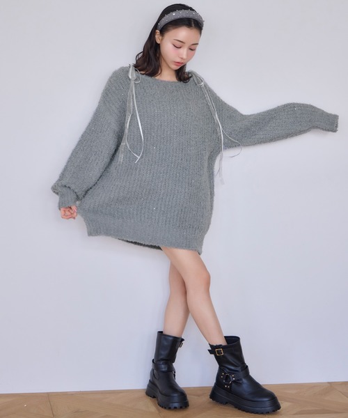 one after another NICE CLAUP（ワンアフターアナザーナイスクラップ）の「リボンニットチュニック（ニット/セーター・レディース・ベージュ/ピンク/オフホワイト/グレー・FREE）」の15枚目の写真