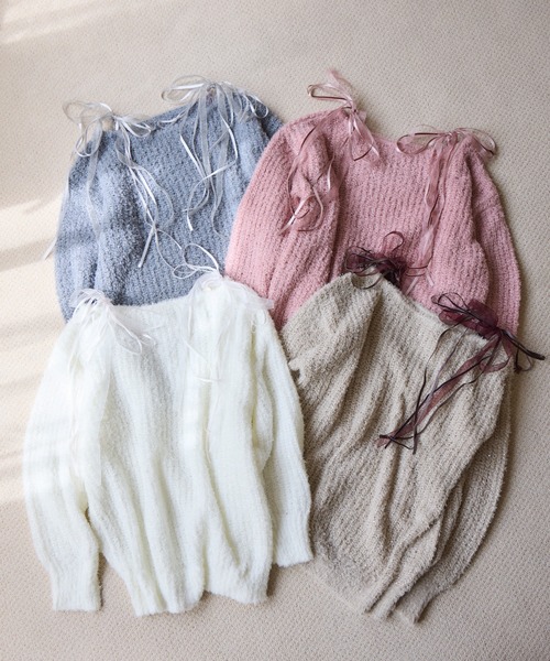 one after another NICE CLAUP（ワンアフターアナザーナイスクラップ）の「リボンニットチュニック（ニット/セーター・レディース・ベージュ/ピンク/オフホワイト/グレー・FREE）」の17枚目の写真