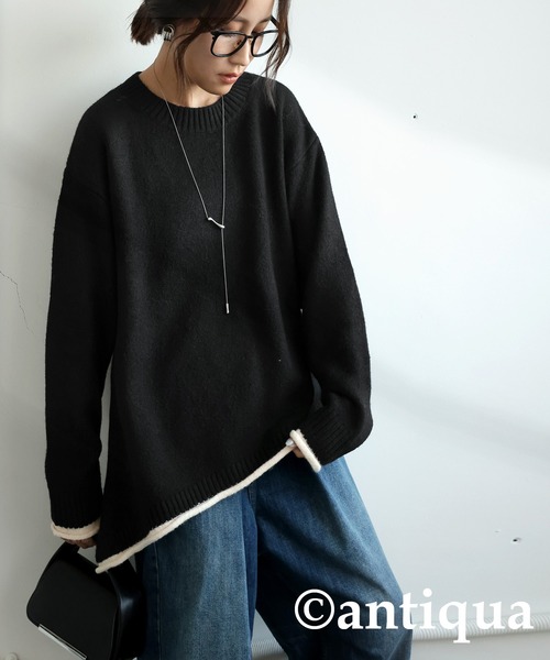 antiqua(アンティカ)の「配色アシメニット(ニット/セーター・レディース・モスグリーン/ベージュ/ブラック/グレー・ONESIZE)」の5枚目の写真