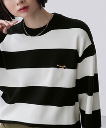 <抗ピリング/ウォッシャブル>PENNEYS/ペニーズ 別注 THE FOX ロゴ ワンポイントワッペン刺繍オーバーサイズジャガードスウェットライクニットブラック系1