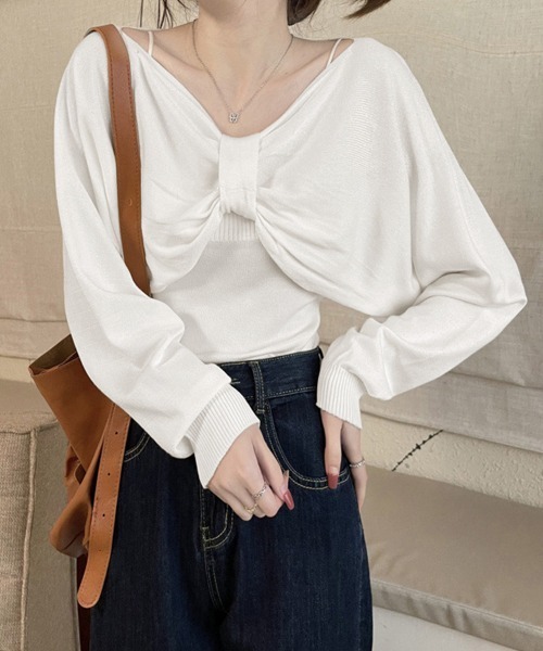 Miniministore（ミニミニストア）の「フロントリボンニット キャミソールセット（ニット/セーター・レディース・ブラック/ワインレッド/ベージュ/ホワイト・FREE）」の5枚目の写真
