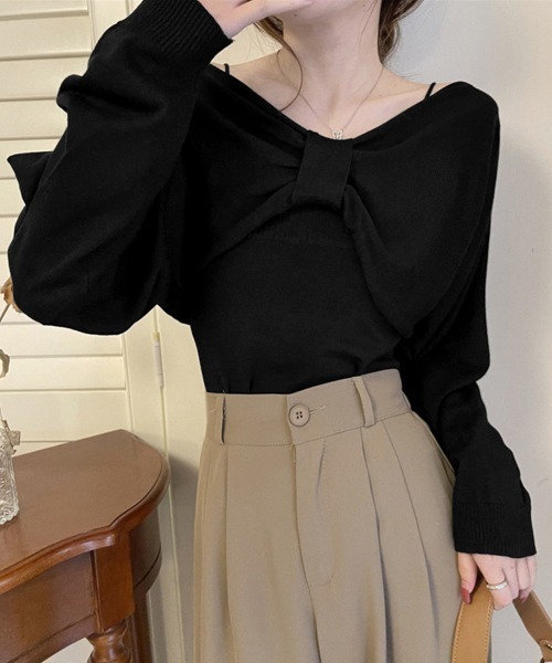 Miniministore（ミニミニストア）の「フロントリボンニット キャミソールセット（ニット/セーター・レディース・ブラック/ワインレッド/ベージュ/ホワイト・FREE）」の9枚目の写真