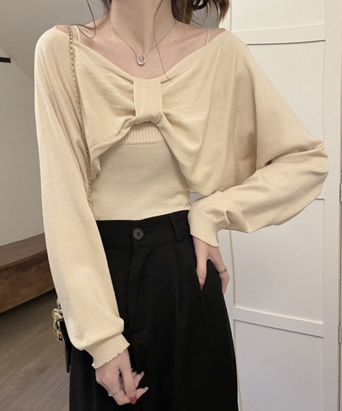 Miniministore（ミニミニストア）の「フロントリボンニット キャミソールセット（ニット/セーター・レディース・ブラック/ワインレッド/ベージュ/ホワイト・FREE）」の11枚目の写真