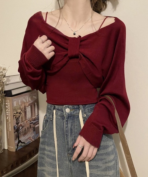 Miniministore（ミニミニストア）の「フロントリボンニット キャミソールセット（ニット/セーター・レディース・ブラック/ワインレッド/ベージュ/ホワイト・FREE）」の16枚目の写真