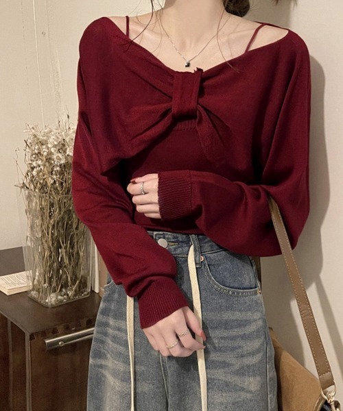 Miniministore（ミニミニストア）の「フロントリボンニット キャミソールセット（ニット/セーター・レディース・ブラック/ワインレッド/ベージュ/ホワイト・FREE）」の17枚目の写真