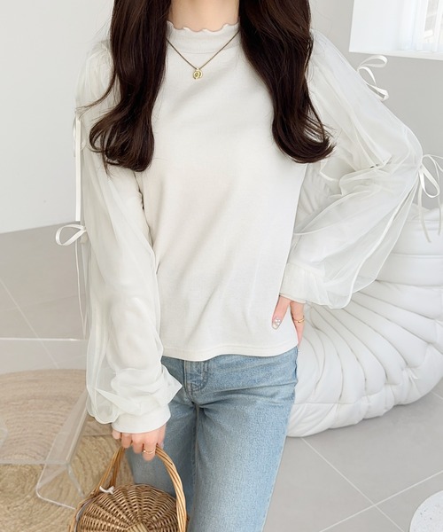 mily bilet(ミウィビレット)の「【mily bilet】大人可愛いふんわりスリーブが魅力♪サイドスリットリボンチュール重ねニットソー(長袖)(Tシャツ/カットソー・レディース・チャコールグレー/アイボリー/ピンク/アイボリー系2・LARGE/MEDIUM/SMALL/X-LARGE)」の9枚目の写真