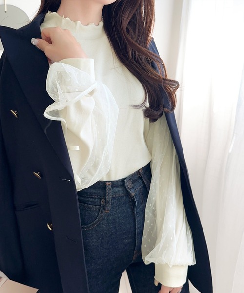 mily bilet(ミウィビレット)の「【mily bilet】大人可愛いふんわりスリーブが魅力♪サイドスリットリボンチュール重ねニットソー(長袖)(Tシャツ/カットソー・レディース・チャコールグレー/アイボリー/ピンク/アイボリー系2・LARGE/MEDIUM/SMALL/X-LARGE)」の15枚目の写真
