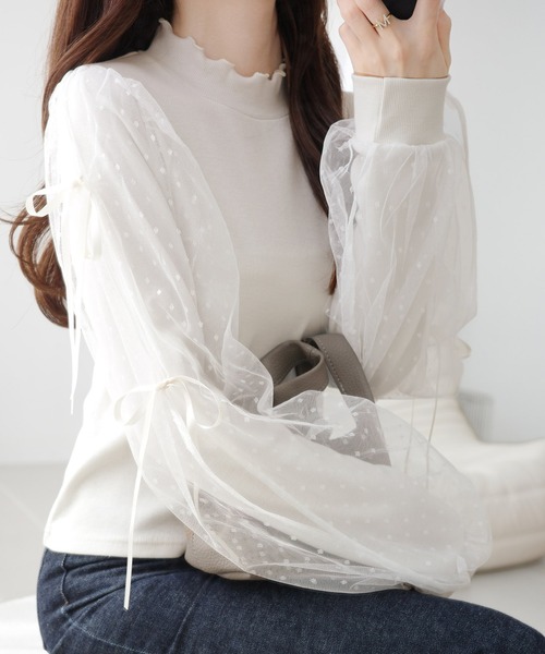 mily bilet(ミウィビレット)の「【mily bilet】大人可愛いふんわりスリーブが魅力♪サイドスリットリボンチュール重ねニットソー(長袖)(Tシャツ/カットソー・レディース・チャコールグレー/アイボリー/ピンク/アイボリー系2・LARGE/MEDIUM/SMALL/X-LARGE)」の22枚目の写真