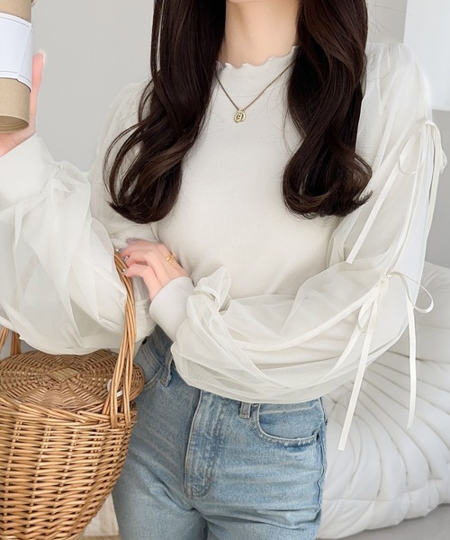 mily bilet(ミウィビレット)の「【mily bilet】大人可愛いふんわりスリーブが魅力♪サイドスリットリボンチュール重ねニットソー(長袖)(Tシャツ/カットソー・レディース・チャコールグレー/アイボリー/ピンク/アイボリー系2・LARGE/MEDIUM/SMALL/X-LARGE)」の20枚目の写真