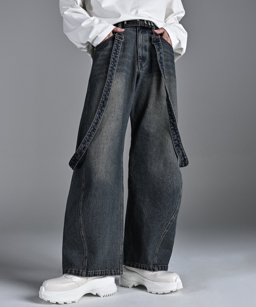 vintage make curved leg 3D suspender denim / ヴィンテージ