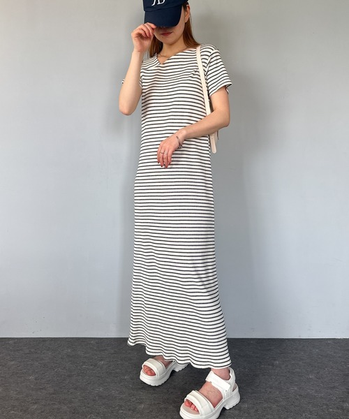 セール】【全骨格細見え】アシメネックハーフスリーブリブワンピース