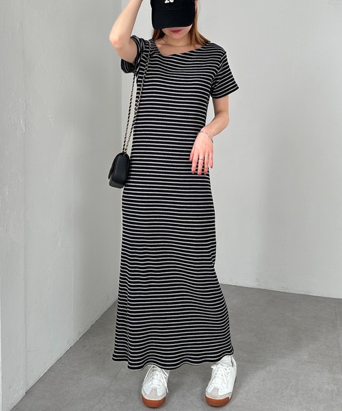 【全骨格細見え】アシメネックハーフスリーブリブワンピース