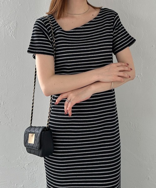 【全骨格細見え】アシメネックハーフスリーブリブワンピース