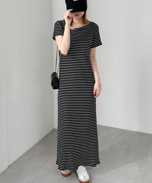 【全骨格細見え】アシメネックハーフスリーブリブワンピース