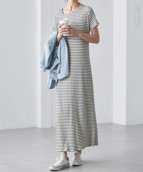 【全骨格細見え】アシメネックハーフスリーブリブワンピース