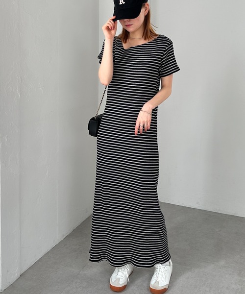 【全骨格細見え】アシメネックハーフスリーブリブワンピース