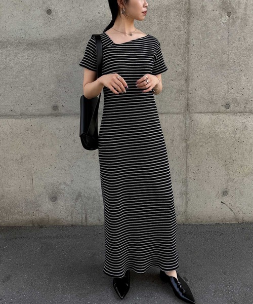 セール】【全骨格細見え】アシメネックハーフスリーブリブワンピース