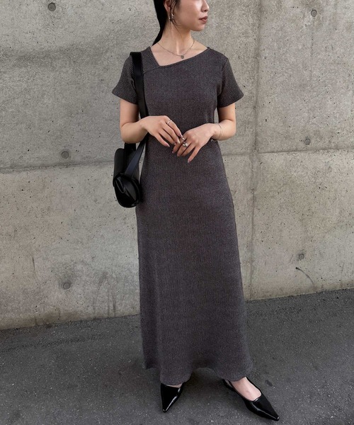 セール】【全骨格細見え】アシメネックハーフスリーブリブワンピース
