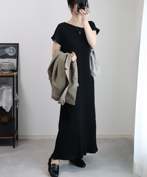 セール】【全骨格細見え】アシメネックハーフスリーブリブワンピース