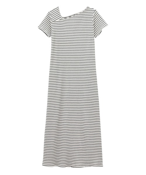 セール】【全骨格細見え】アシメネックハーフスリーブリブワンピース