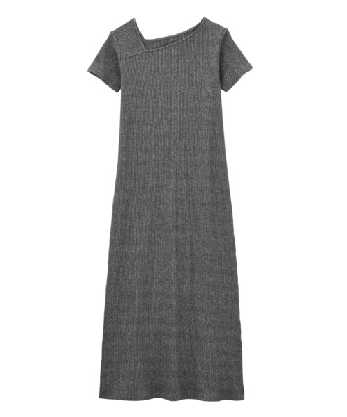 セール】【全骨格細見え】アシメネックハーフスリーブリブワンピース