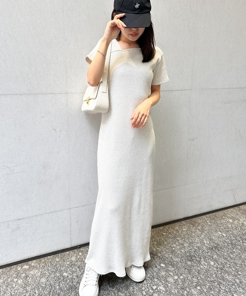 セール】【全骨格細見え】アシメネックハーフスリーブリブワンピース