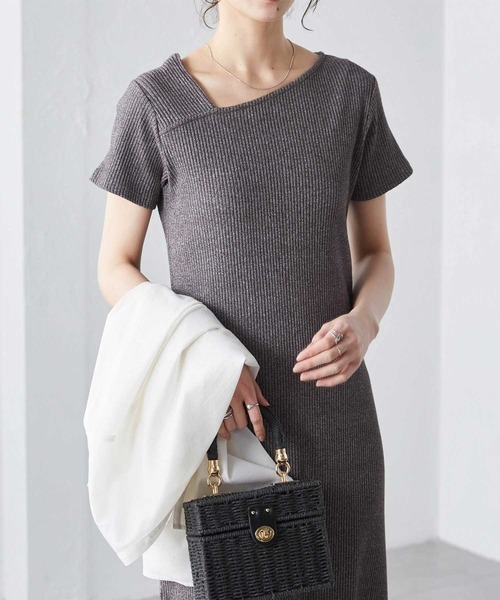セール】【全骨格細見え】アシメネックハーフスリーブリブワンピース