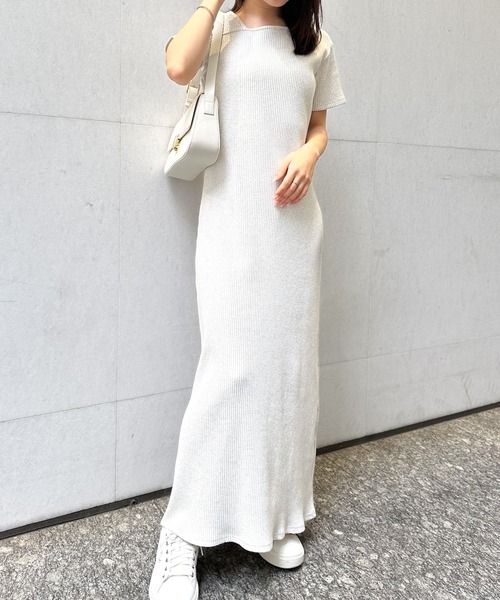 セール】【全骨格細見え】アシメネックハーフスリーブリブワンピース