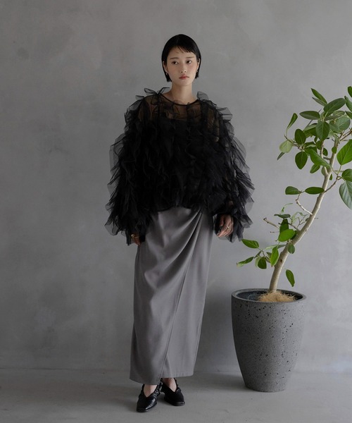 セール】【MINERTE】【オケージョン】 ruffled tulle blouse