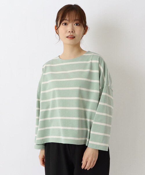one'sterrace(ワンズテラス)の「ワイドボーダー 9分袖プルオーバー(Tシャツ/カットソー・レディース・アイボリー系8/ライトグリーン系/グレー系4/ブラック系8・02)」の4枚目の写真
