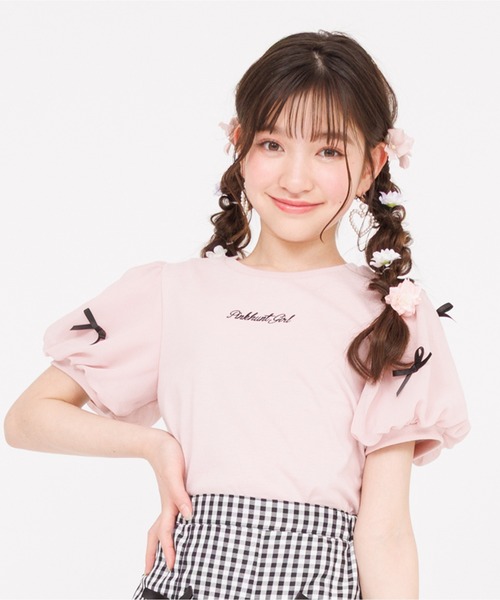 PINKHUNT（ピンクハント）の「PINKHUNT ピンクハント リボン付き 袖チュール Tシャツ 0554K（Tシャツ/カットソー・キッズ・ホワイト/ベビーピンク・130cm/140cm/150cm/160cm/120cm）」の2枚目の写真