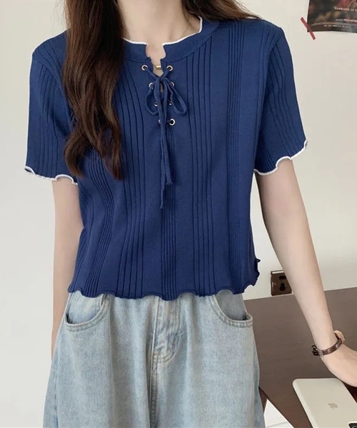 Lace Ladies（レースレディース）の「配色 メロウ レースアップ 半袖 トップス（Tシャツ/カットソー・レディース・アイボリー/ブラック/ネイビー/ホワイト・FREE）」の4枚目の写真