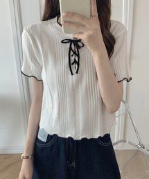 Lace Ladies | 配色 メロウ レースアップ 半袖 トップス(Tシャツ/カットソー)