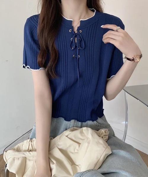 Lace Ladies（レースレディース）の「配色 メロウ レースアップ 半袖 トップス（Tシャツ/カットソー・レディース・アイボリー/ブラック/ネイビー/ホワイト・FREE）」の5枚目の写真