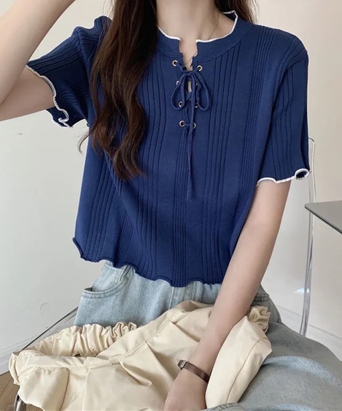 Lace Ladies（レースレディース）の「配色 メロウ レースアップ 半袖 トップス（Tシャツ/カットソー・レディース・アイボリー/ブラック/ネイビー/ホワイト・FREE）」の6枚目の写真