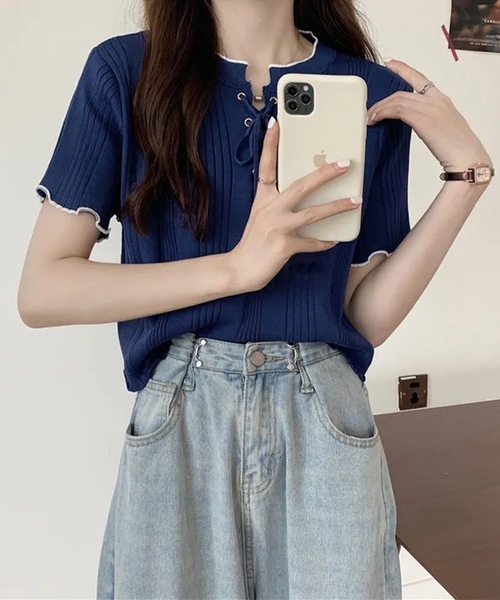 Lace Ladies（レースレディース）の「配色 メロウ レースアップ 半袖 トップス（Tシャツ/カットソー・レディース・アイボリー/ブラック/ネイビー/ホワイト・FREE）」の7枚目の写真