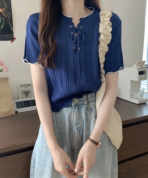 Lace Ladies（レースレディース）の「配色 メロウ レースアップ 半袖 トップス（Tシャツ/カットソー・レディース・アイボリー/ブラック/ネイビー/ホワイト・FREE）」の8枚目の写真