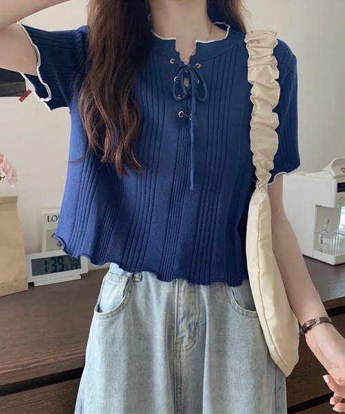 Lace Ladies（レースレディース）の「配色 メロウ レースアップ 半袖 トップス（Tシャツ/カットソー・レディース・アイボリー/ブラック/ネイビー/ホワイト・FREE）」の9枚目の写真