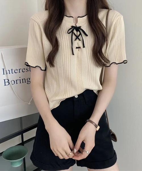 Lace Ladies（レースレディース）の「配色 メロウ レースアップ 半袖 トップス（Tシャツ/カットソー・レディース・アイボリー/ブラック/ネイビー/ホワイト・FREE）」の10枚目の写真