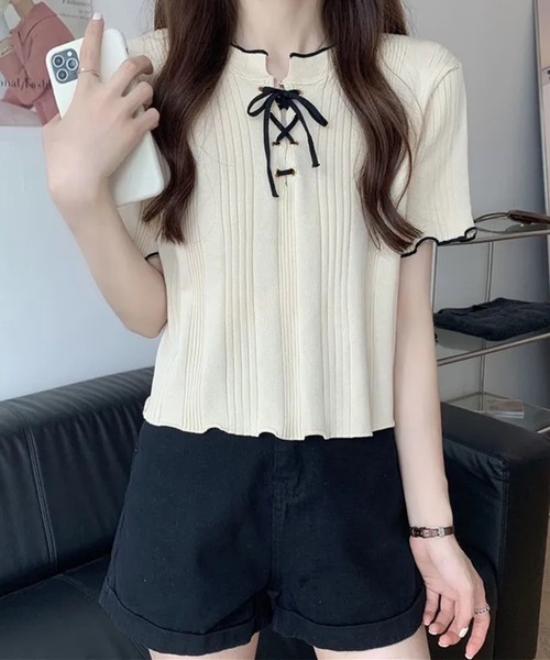 Lace Ladies（レースレディース）の「配色 メロウ レースアップ 半袖 トップス（Tシャツ/カットソー・レディース・アイボリー/ブラック/ネイビー/ホワイト・FREE）」の11枚目の写真