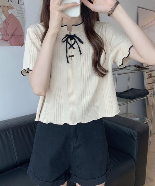 Lace Ladies（レースレディース）の「配色 メロウ レースアップ 半袖 トップス（Tシャツ/カットソー・レディース・アイボリー/ブラック/ネイビー/ホワイト・FREE）」の13枚目の写真