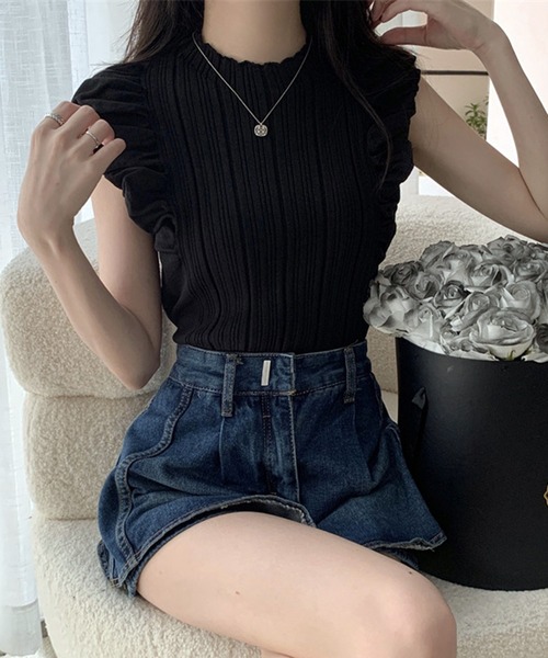 WESTSEA（ウエストシー）の「フレンチスリーブ ショート丈 リブトップス（タンクトップ・レディース・ブラック/ブラウン/オフホワイト・FREE）」の6枚目の写真